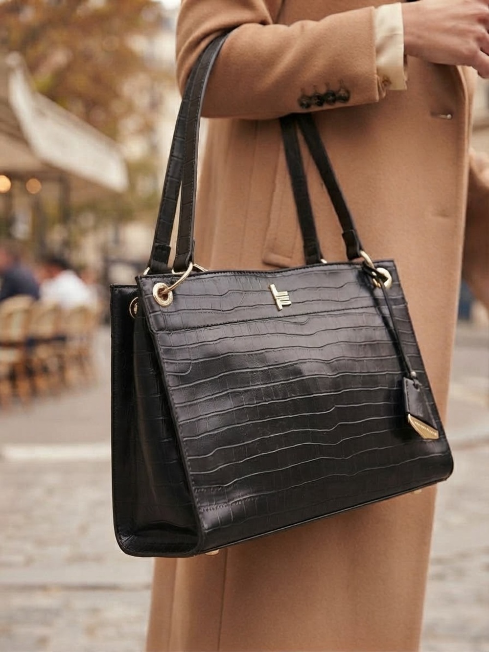 NWT London Fog Brielle Croco Satchel Black Shoulder Bag